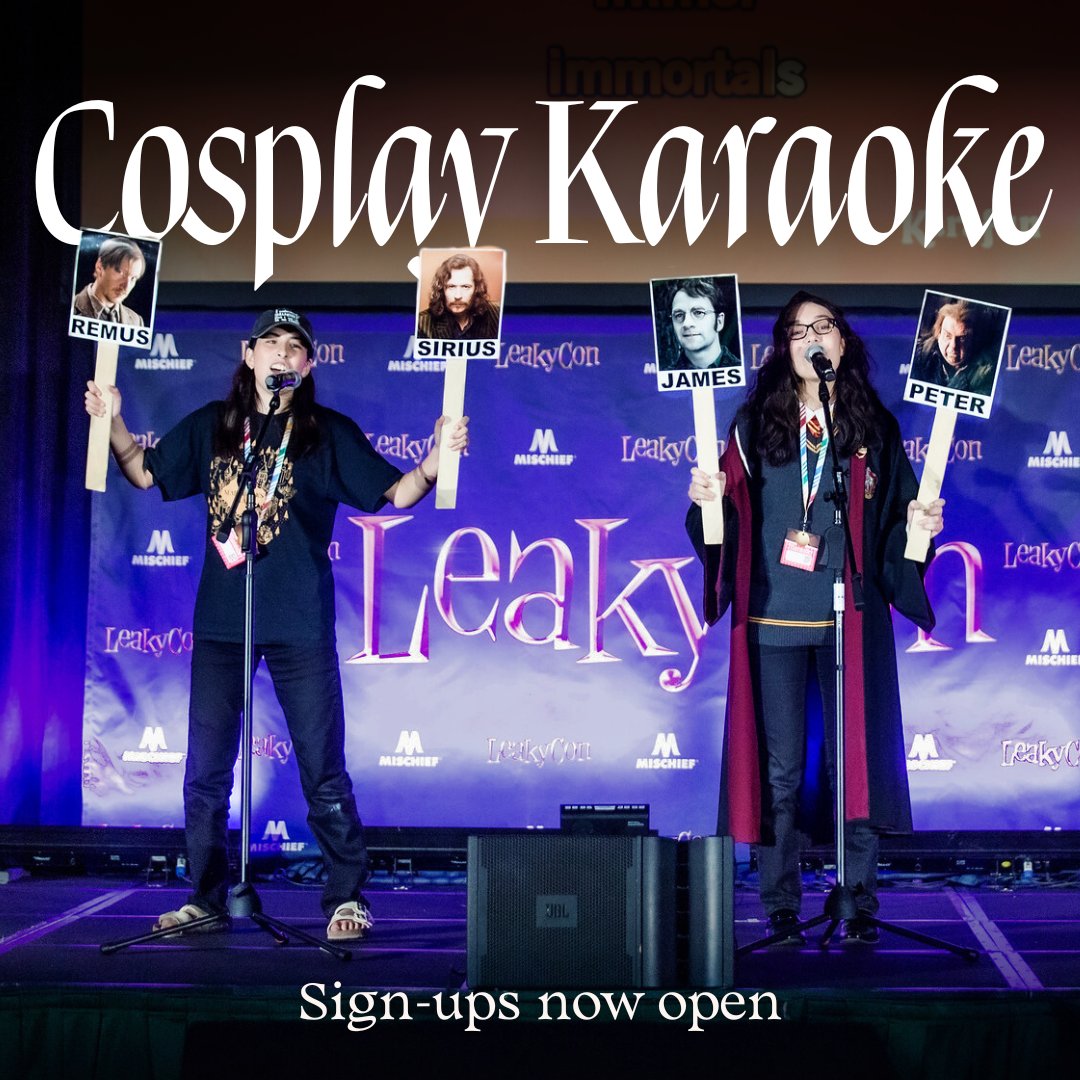 What's better than one session of Cosplay Karaoke?? THREE DAYS of Cosplay Karaoke!! We are excited to offer Cosplay Karaoke sessions on every day of #LeakyCon Portland!

Sign up now at bit.ly/4bOVSLI  🎤🧙