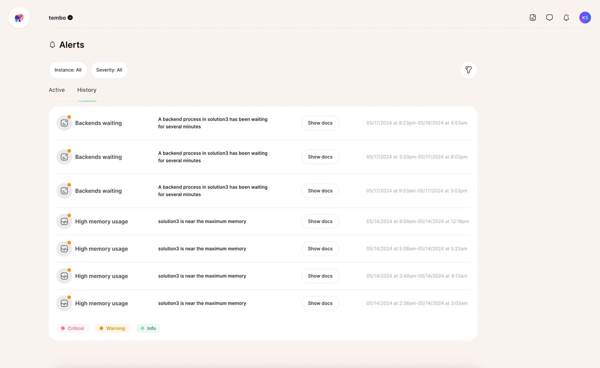 Alerts about your #Postgres instances are now available in Tembo Cloud! Optimize by receiving alerts about:
* System metrics like CPU, memory and disk
* Usual database ones like locks, lag and failovers
* Postgres specific ones like: WAL size and XID exhaustion

Read more ⬇️