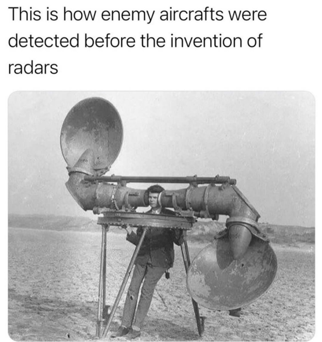 Infographyglob1's tweet photo. An "Aircraft Listener" photographed in around the 1920s using scoop-shaped reflectors that direct the sound into large-diameter tubes in order to try and locate aircraft at a distance due to their loud engines.
#ww1 #history #TheChase https://t.co/Y4dTb3HPr5