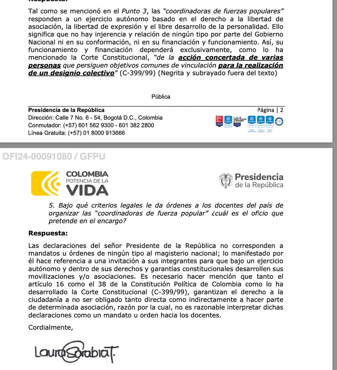 Después de una lucha judicial vía tutela que terminó con fallo desde el Consejo de Estado contra Gustavo Petro para que responda por lo que significan las “Coordinadoras de fuerza popular” no hubo una respuesta satisfactoria. Responde la petición Laura Sarabia que se ve sabe