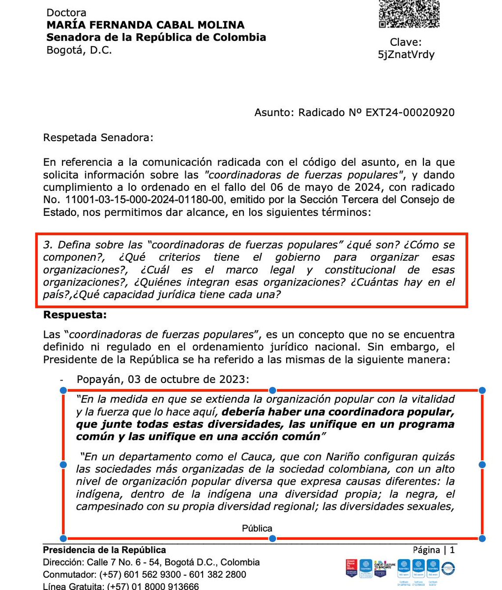 MariaFdaCabal's tweet photo. Después de una lucha judicial vía tutela que terminó con fallo desde el Consejo de Estado contra Gustavo Petro para que responda por lo que significan las “Coordinadoras de fuerza popular” no hubo una respuesta satisfactoria. 

Responde la petición Laura Sarabia que se ve sabe que muy poco a qué se refiere Petro con esas coordinadoras.