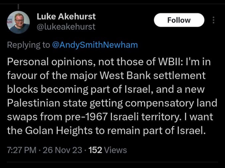 Britain is such a mad country in the 2020s. 

On the one hand we teach kids to critically examine our own colonial history. Meanwhile we have a guy, who is about to become an MP, arguing for illegal land grabs in a country thousands of miles away. Proper freakshow stuff.