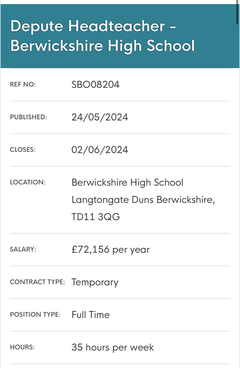Delighted to have been appointed as Rector to Berwickshire High School for 24/25. 🙌🏻

We have a brilliant school at BHS. Rich in PL for staff, excellent behaviour, an expectation that you leave work before 5pm, a collegiate staff body and great students. Join us as a Depute …