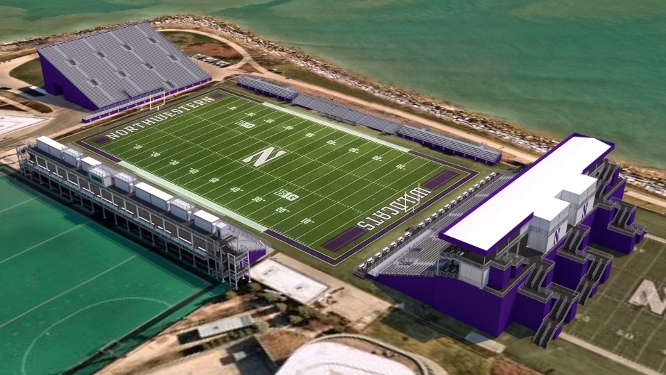 Northwestern is sending a conceptual image of its temporary lakeside football stadium, which will host games in the 2024 and 2025 seasons, to season-ticket holders today. The image shows general concepts behind the facility, which is being designed and built by InProduction.