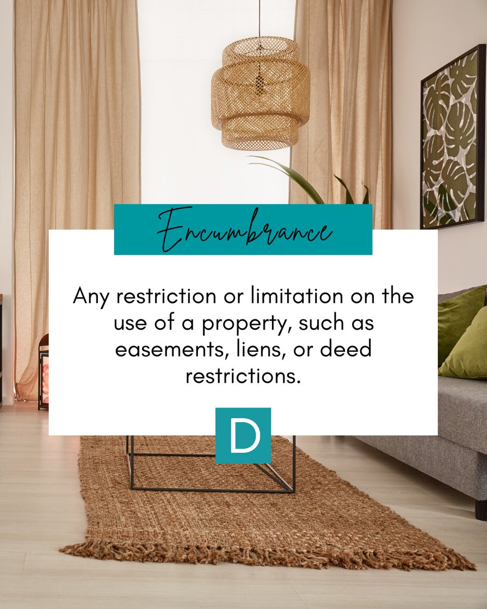 🏡Ever come across the term encumbrance in your property dealings? 🤔 It's a crucial concept for all homeowners and buyers. Simply put, an encumbrance is any restriction or limitation on the use of a property—think easements, liens, or deed restrictions.