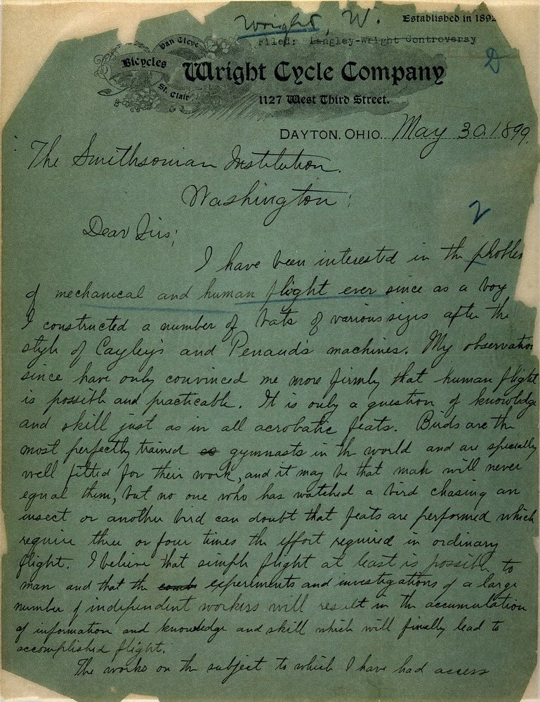 125 years ago today, Wilbur Wright wrote a letter to the <a href="/Smithsonian/">Smithsonian</a>. In the letter, he affirmed his belief that human flight was possible, declared his intent to pursue research in the field, and asked for publications on the subject.