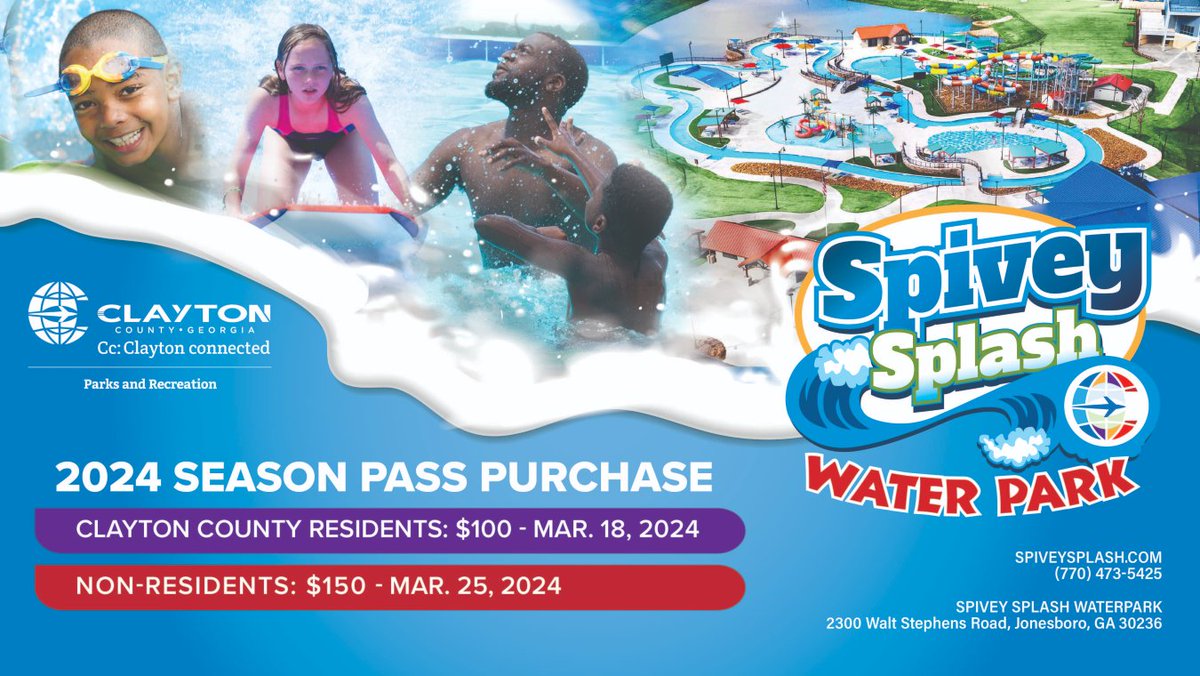 Clayton County Parks and Recreation is selling season passes for the 2024 opening of Spivey Splash Water Park. Passes can be purchased online at spiveysplash.com. #Claytonconnected #Claytoncountyga