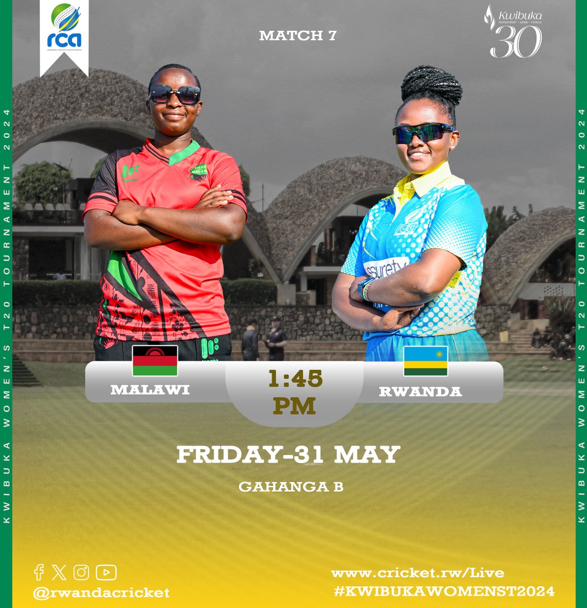 🏏 Kwibuka Cricket 2024 - Game 7🏏

🇲🇼 Malawi Women vs. 🇷🇼 Rwanda Women
Tomorrow
Will Rwanda secure another victory, or will Malawi show their strength? Let's find out in this thrilling afternoon encounter!
#KwibukaCricket2024 #MalawiVsRwanda #CricketForAll #LiveCricket #Game
