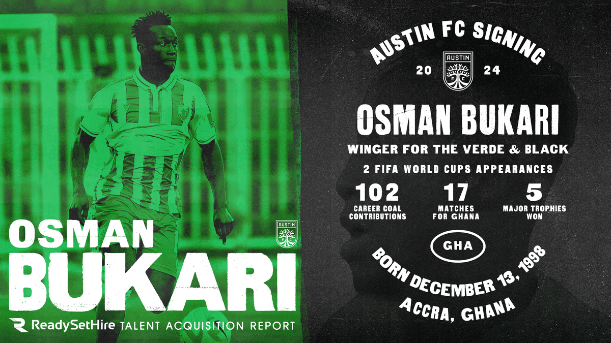 AustinFC's tweet photo. Bringing UEFA Champions League pedigree to the 512. Get to know our newest Designated Player, @OsmanBukari9, powered by @ready_set_hire_! https://t.co/7Z2pD94MNT