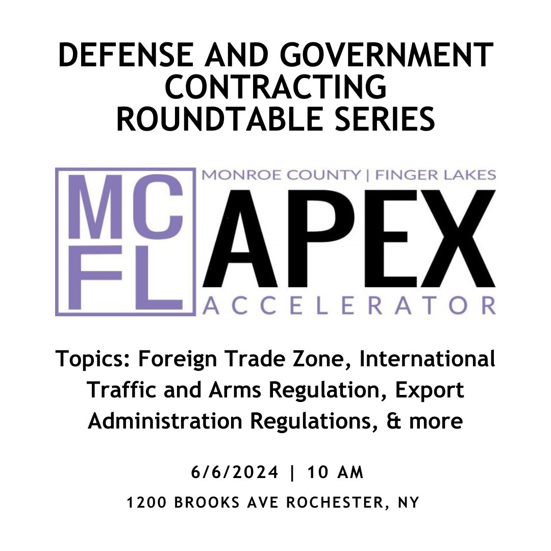 Govt. prime contractors, agencies, & #smallbusinesses: Get insights on FTZ, ITAR, and EAR regulations at the next event in @mcflapex’s Defense and Government Contracting Roundtable Series. Register: monroeapex.ecenterdirect.com/events/1058