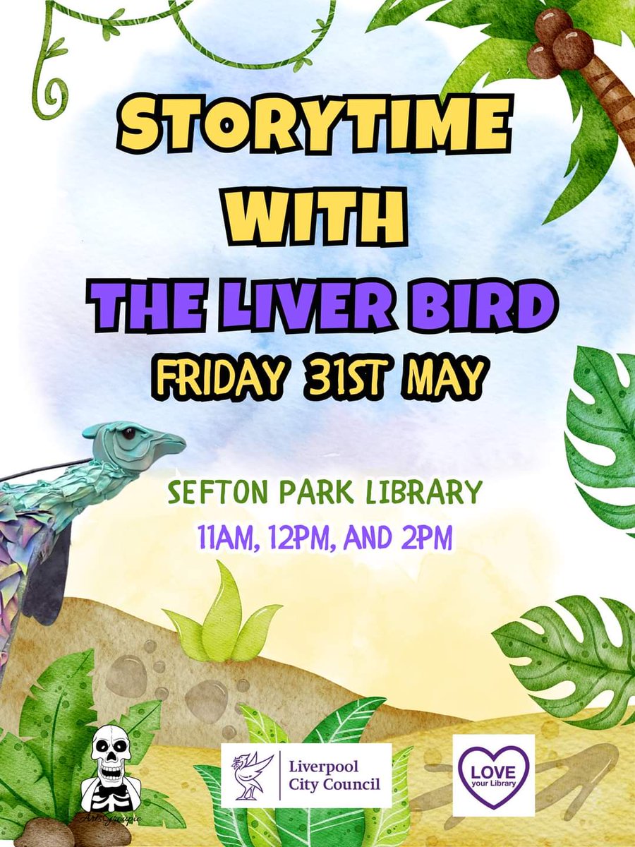 HALF TERM FUN -  Meet the Liver Bird and hear a fantastic story too.
FREE sessions at 11am,12pm and 2pm.

Tomorrow -   Sefton Park Library 

#Liverbirdstorytime
#thingstodoinliverpool
#freechildrensactivities
#halftermactivities