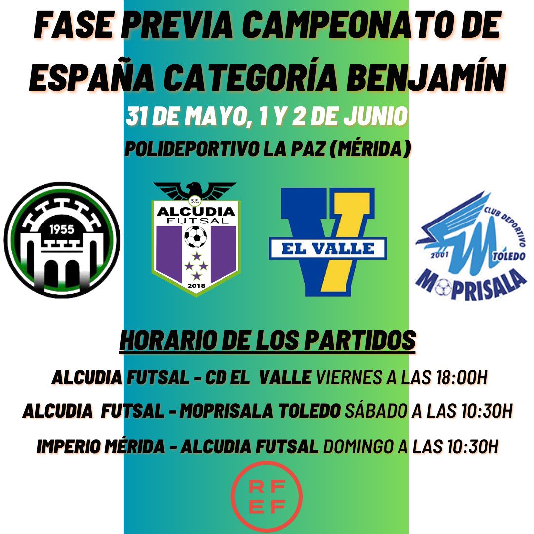 AlcudiaSe's tweet photo. FASE 𝐏𝐑𝐄𝐕𝐈𝐀 | Este fin de semana se disputa la Fase Previa del Campeonato de España de Clubes Base de Fútbol Sala de la categoría sub-10

🆚 CD El Valle, CD Moprisala Toledo y Imperio de Mérida

📍 Mérida, Badajoz

¡𝟏, 𝟐, 𝟑 𝐀𝐋𝐂𝐔𝐃𝐈𝐀 𝐅𝐔𝐓𝐒𝐀𝐋! 💚🤍💜 https://t.co/aKh7hqiQiZ