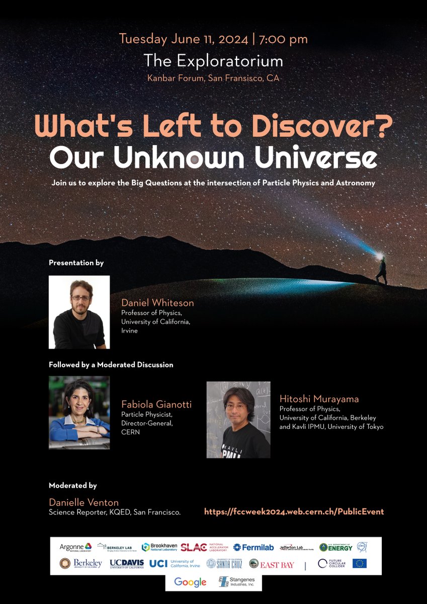 An awesome FREE event <a href="/exploratorium/">Exploratorium</a> SF on Tuesday June 11! Come hear about particle physics and plans for <a href="/FCC_study/">FCC study</a> from <a href="/DanielWhiteson/">Daniel Whiteson</a>, <a href="/CERN/">CERN</a> Director General <a href="/FabiolaGianotti/">Fabiola Gianotti</a> , and <a href="/UCBerkeley/">UC Berkeley</a>'s <a href="/sleptogenesis/">村山斉</a>. Register now! ⚛️ fccweek2024.web.cern.ch/PublicEvent.ht…