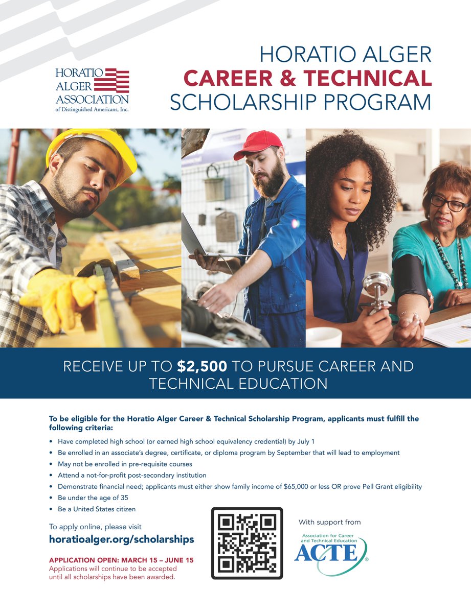 The Horatio Alger Career and Technical Scholarship Program is awarding scholarships to post-secondary CTE students! The application deadline is June 15.

For more information and to apply, visit
horatioalger.org/career-technic…