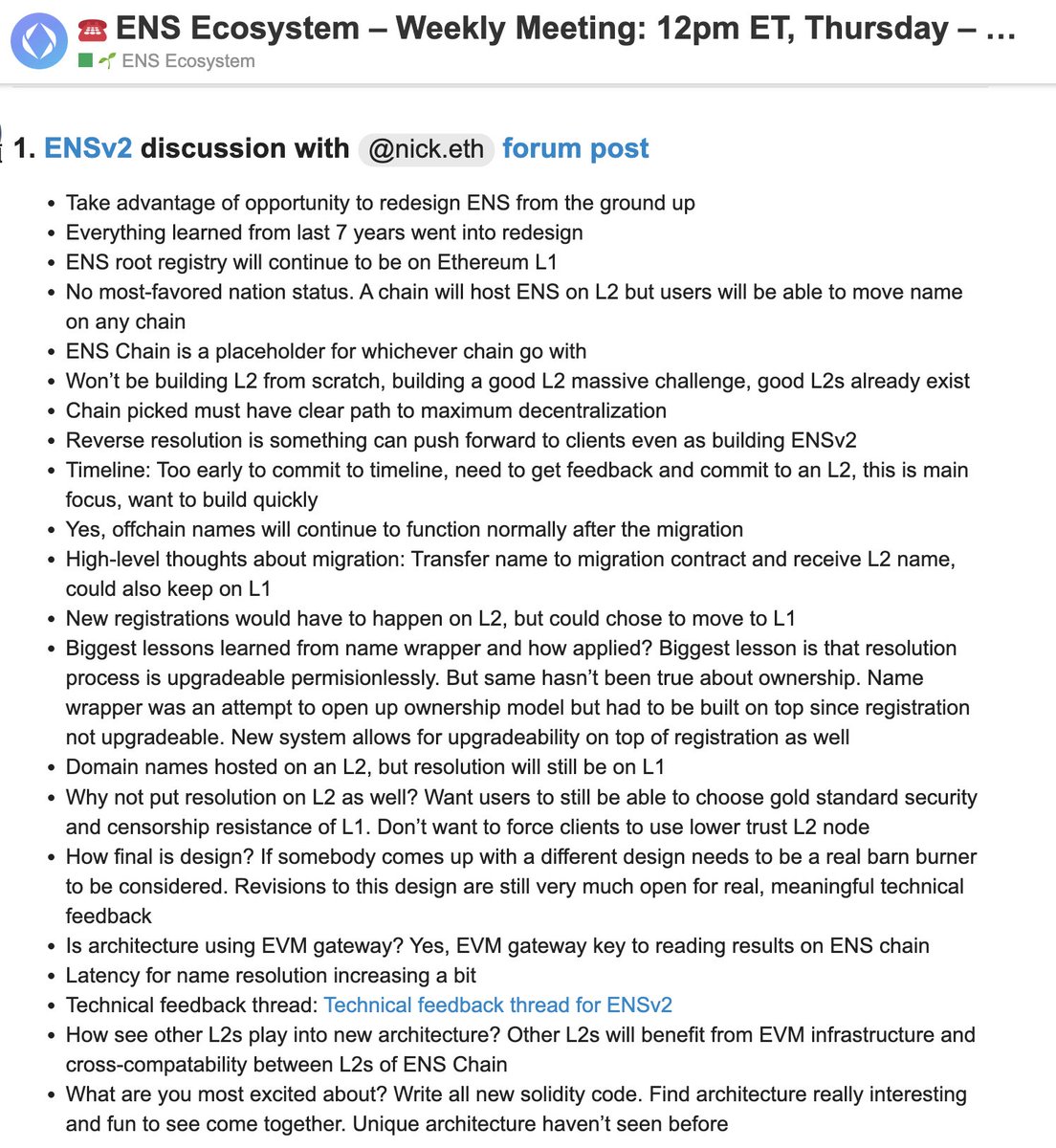 Notes from weekly ecosystem call where nick.eth answers questions about ENSv2