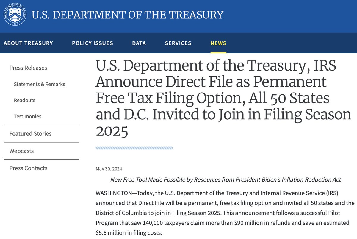 4TaxFairness's tweet photo. BREAKING: The IRS' free, online Direct File program will be expanding nationwide!

The tool is projected to save the average user $160 in fees and time each year.

And you can deal directly with the IRS and its help centers instead of paying corporate tax-prep giants.

Win-win. https://t.co/7U2MlDIK32