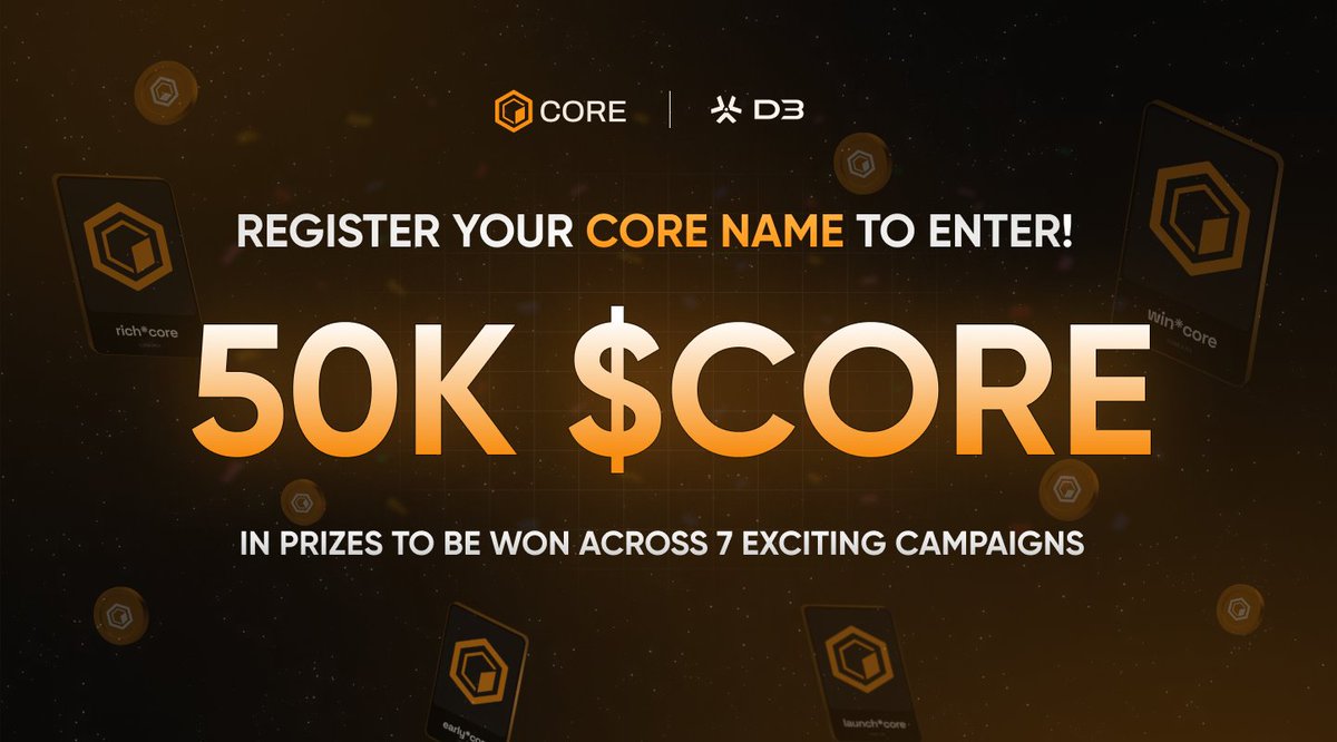 D3inc's tweet photo. Hey #Coretoshis, we’re relaunching our *CORE Name Token rewards campaign! 👇

🔸 Up To 50K $CORE
🔸 90 Days of Rewards
🔸 7 Exciting Campaigns
🔸 Premium Core Names
🔸 Daily Prizes To Be Won
🔸 More Ways To Win

🔗 https://t.co/UekEyTtCeg https://t.co/VdlFW96UHg