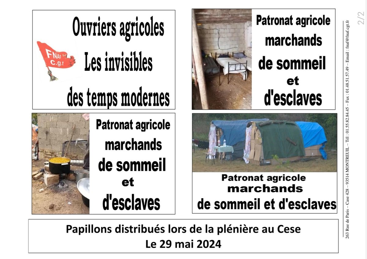 Les ouvriers agricoles avec la FNAF #CGT s'invitent au CESE, lors de la présentation par la FNSEA d'un avis sur le logement saisonnier. Ils dénoncent les conditions indignent d'emplois et d'accueil des travailleurs saisonniers. #agriculture