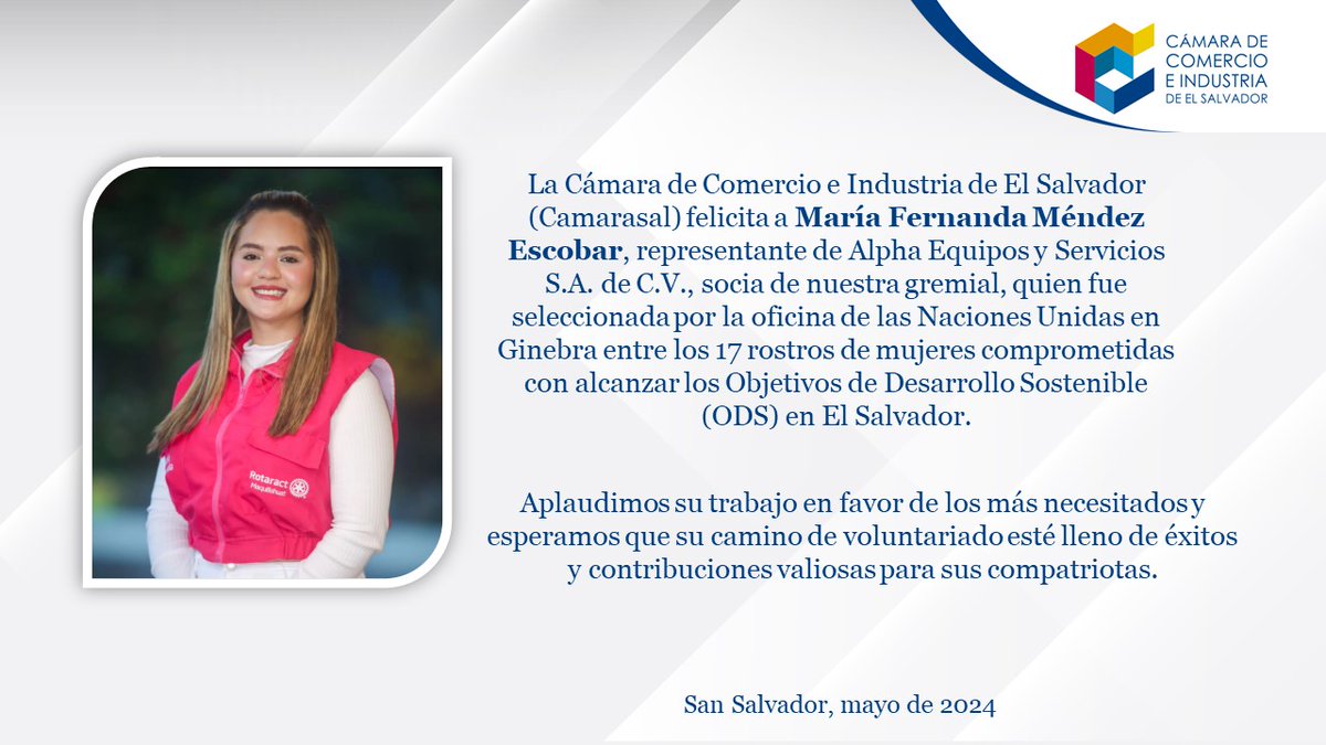 camarasal's tweet photo. #Camarasal felicita a María Fernanda Méndez Escobar, de la empresa socia Alpha Equipos y Servicios S.A. de C.V., por ser reconocida como una de las mujeres comprometidas con los Objetivos de Desarrollo Sostenible (ODS) en #ElSalvador.

Es #OrgulloCamarasal https://t.co/vyutvHGfX4