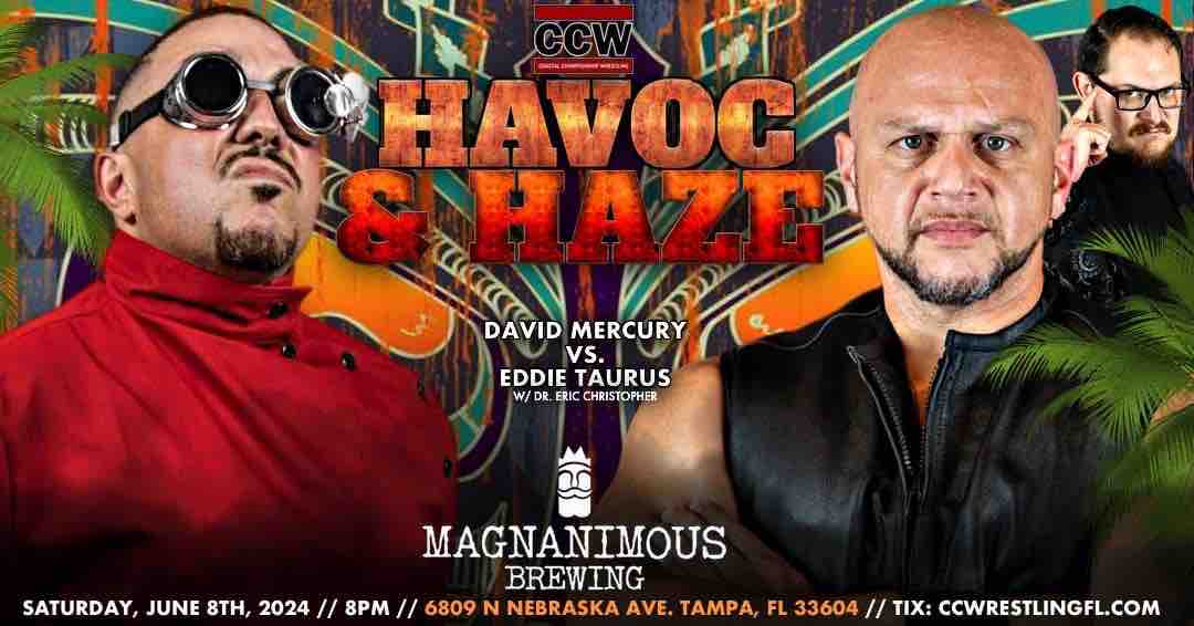 Tampa’s hottest wrestling show is back and better than ever. Don’t just hear about it – experience it! BE THERE! 🔥 CCW presents HAVOC & HAZE 📅 Saturday, June 8, 2024 ⏰ 8pm start 📍 6809 N Nebraska Ave, Tampa, FL 33604 🎟️ Get your tickets NOW! 🔗: coastalchampionshipwrestlingfl.com/events-1/havoc…