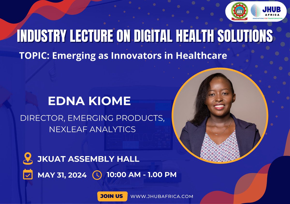 .@EdnahKiome, JKUAT Alumni and Nexleaf Analytics’ Director, will give an industry-oriented talk, organized by @JHUBAfrica, on Emerging as Innovators in Healthcare tomorrow. Join in at the Assembly Hall From 10am-1pm for this and much more. #JKUATPAUGrad2024