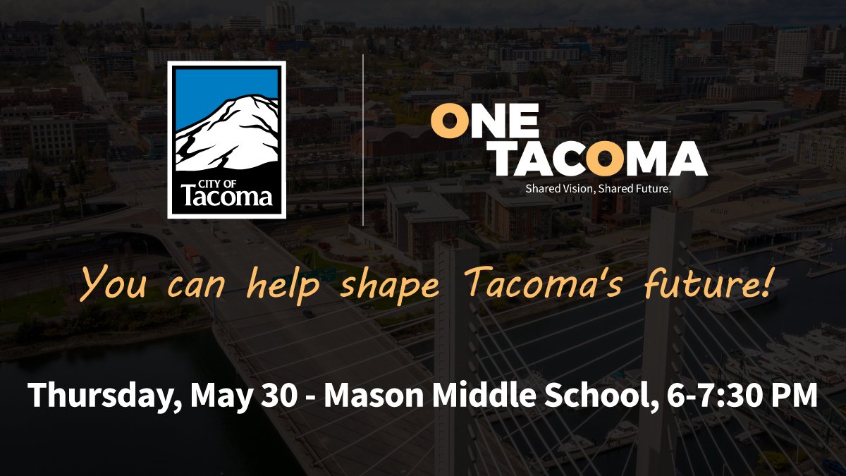 Join us for the One Tacoma: North End Visioning Workshop at 6:00 PM at Mason Middle School. Your feedback helps shape Tacoma's future. #Tacoma ➡…gagepiercecounty.mysocialpinpoint.com/one-tacoma.