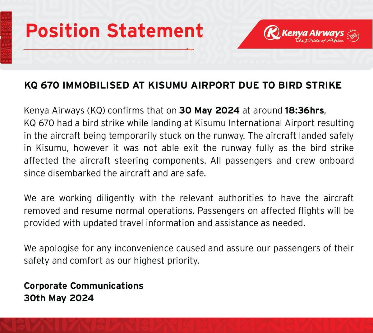 Position Statement: KQ 670 immobilised at Kisumu Airport due to bird strike