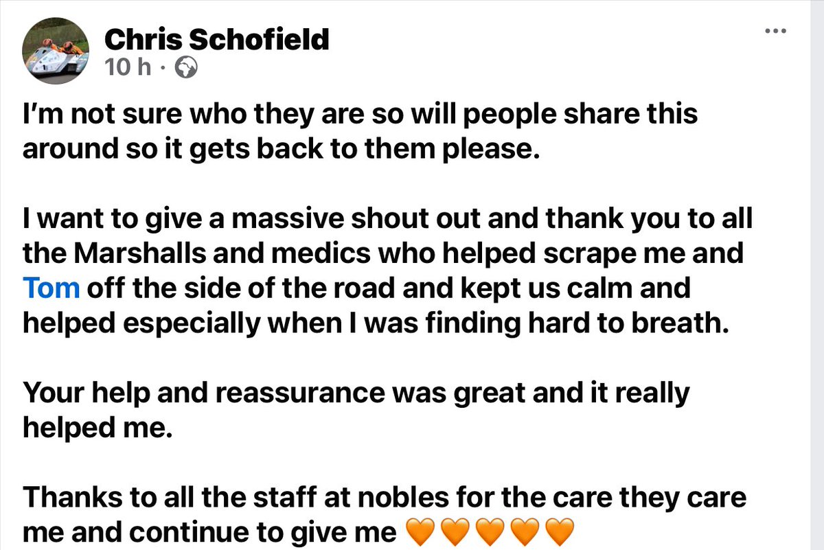 A grateful message of thanks from sidecar driver Chris Schofield 

<a href="/ttracesofficial/">Isle of Man TT Races</a> 
<a href="/Bfly1972/">Annette 🦋</a> 

Sorry I don’t know the TT Marshals account or if Nobles have one
