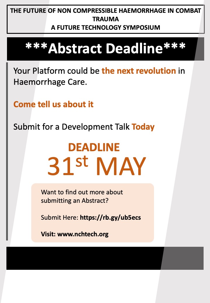 Abstract deadline is 𝗧𝗢𝗠𝗢𝗥𝗥𝗢𝗪
If you have a technology that could work for 
𝗡𝗼𝗻 𝗖𝗼𝗺𝗽𝗿𝗲𝘀𝘀𝗶𝗯𝗹𝗲 𝗛𝗮𝗲𝗺𝗼𝗿𝗿𝗵𝗮𝗴𝗲 
then PLEASE submit an abstract online. 
Details can be found on our website nchtech.org
