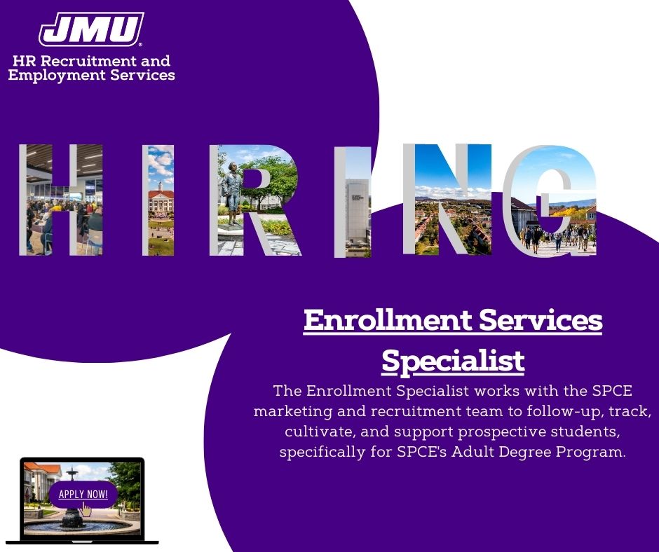 JMUJobs's tweet image. JMU's School of Professional &amp;amp; Continuing Education is currently accepting applications for an Enrollment Services Specialist!
Apply now for this opportunity: jobs.jmu.edu/.../enrollment…...
#JMU #Jobs #JMUJobs #NowHiring #JamesMadisonUniversity #HigherEducationJobs #highereducation