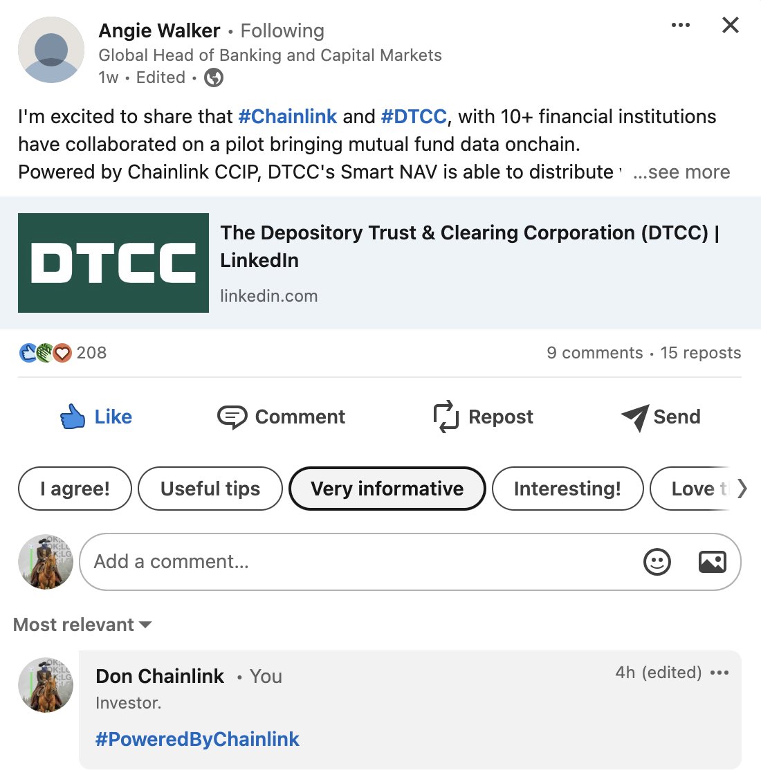 I’m all in…

#Chainlink and #DTCC, along with 10+ financial institutions collaborated on a pilot bringing mutual fund data onchain

Swift, the backbone of global financial communication for 11,000+ banks is also collaborating with #Chainlink

Vertical Ascent

Accumulate & #HODL