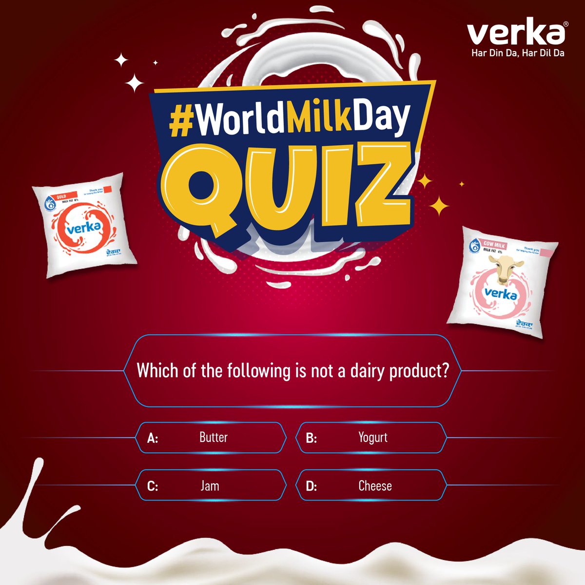 #Quiz Time! Get ready to win exciting prizes! Join the #WorldMilkDay Quiz by #Verka and show off your knowledge! Comment your answer below. Don't forget to follow the below terms & conditions in order to be eligible for the contest!