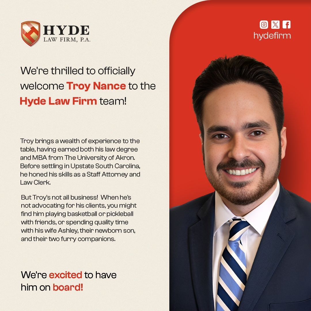 We're thrilled to officially welcome Troy Nance to the Hyde Law Firm team!
bit.ly/4eeHsGP
–
–
–
–
–
#HydeLawFirm #spartanburgsc #visitspartanburg #southcarolina #hubcity