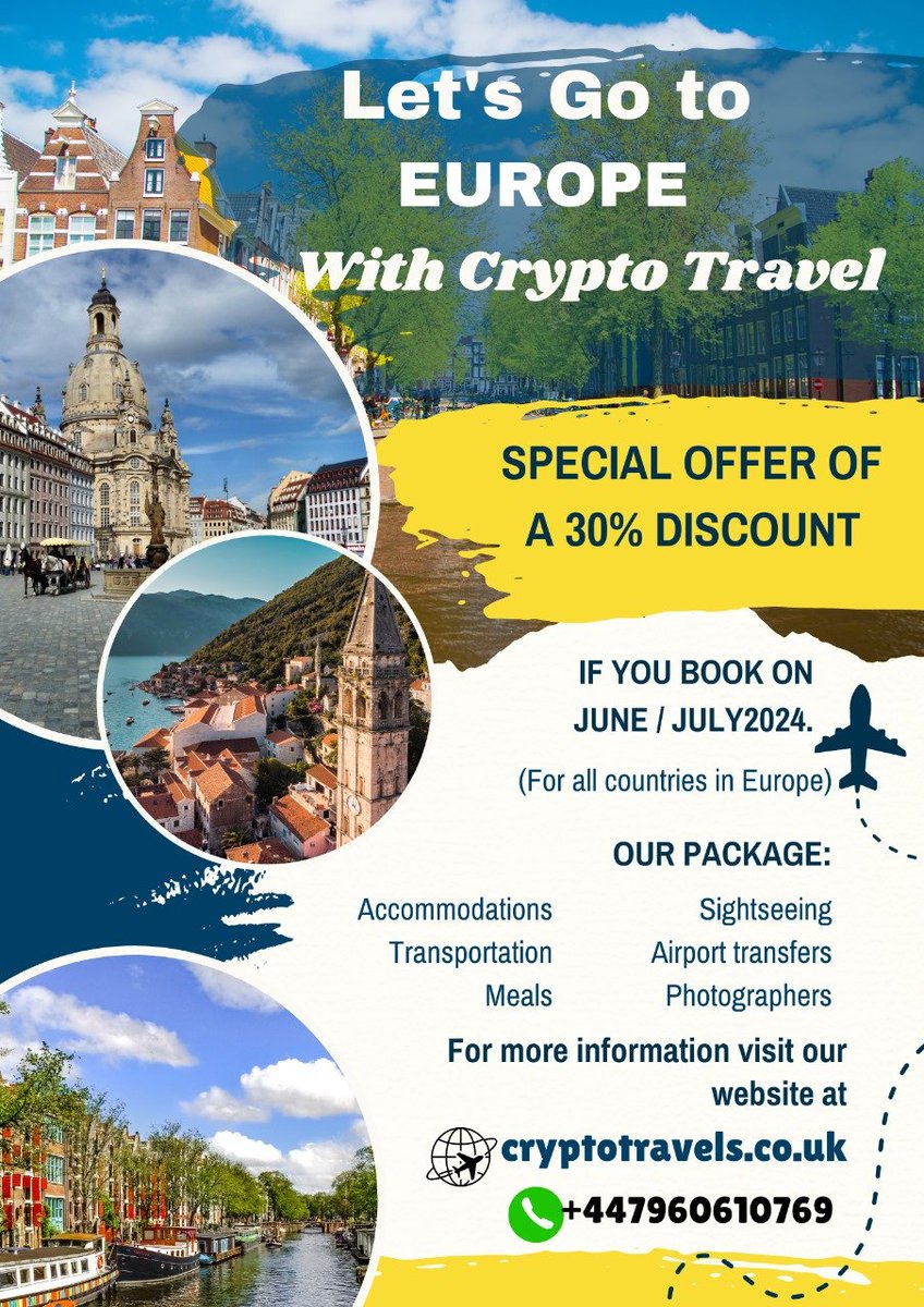 🌍✨ Discover Europe with CryptoTravels! ✨🌍

Experience the charm of Paris, Rome, and beyond. Book now, pay with crypto, and embark on the adventure of a lifetime!

#TravelWithCrypto #ExploreEurope #CryptoTravels #Europe2024 #Wanderlust