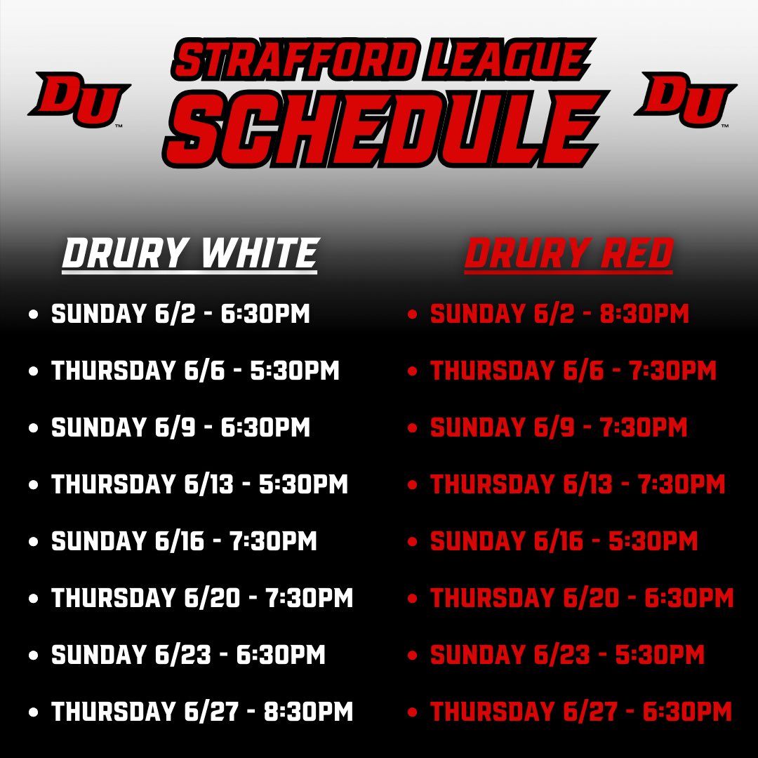 DruryMBB's tweet photo. 🚨Strafford League Schedule🚨

Great opportunity to see our guys compete in June! https://t.co/W2vAhzFQnp