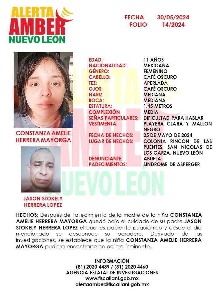 📣 Se activa #AlertaAmber Solicitamos de su colaboración para localizar a la niña CONSTANZA AMELIE HERRERA MAYORGA #AlertaAmberNL ‼️Por favor comparte‼️
