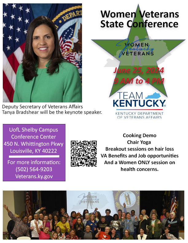 The Women Veterans State Conference, with keynote speaker Deputy Secretary of Veterans Affairs Tanya Bradshear, will be June 25, 2024. There will be several discussions and interactive activities including a cooking demo, chair yoga, and breakout sessions on hair loss.