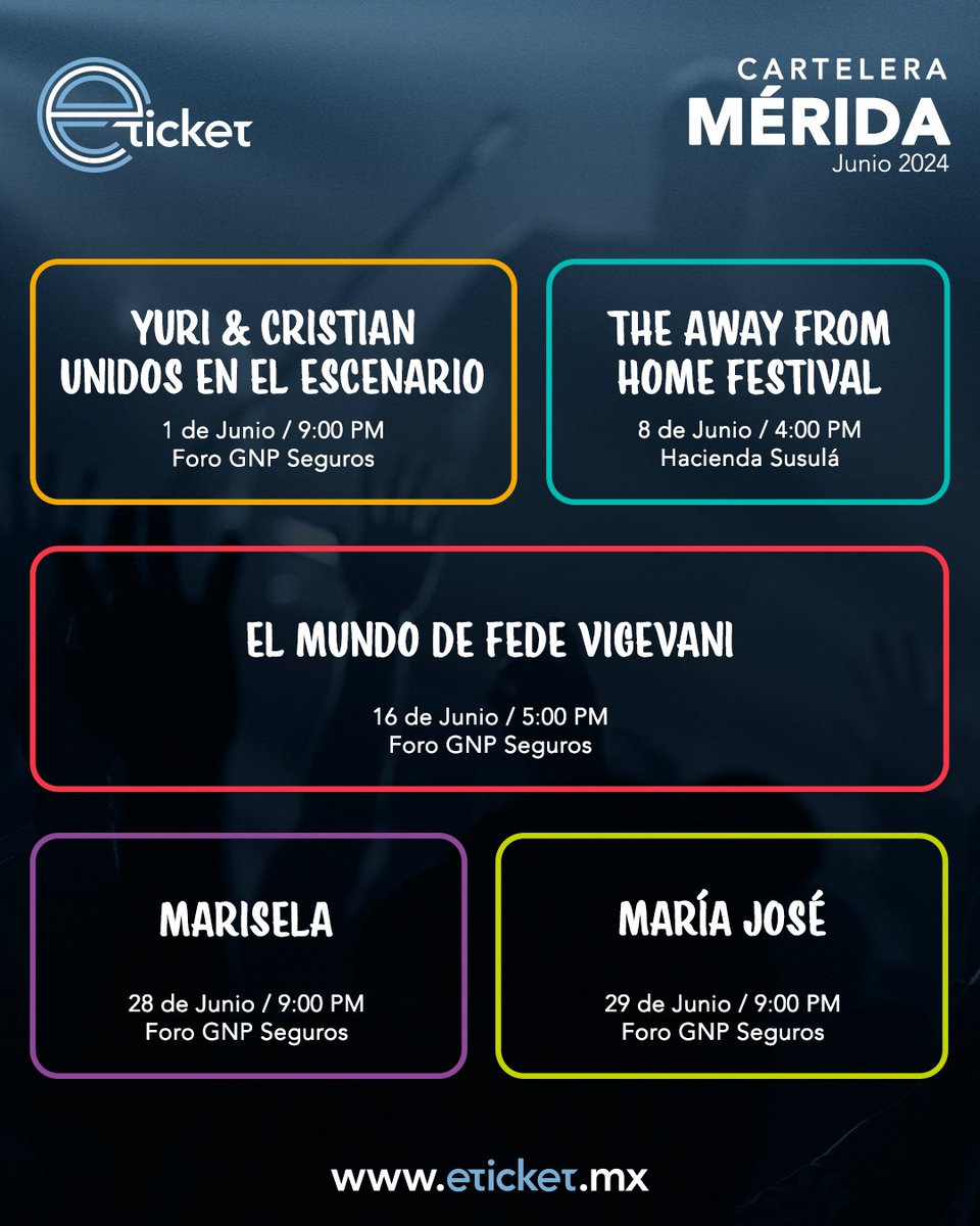 ✨ ¡Mérida! Junio llega con increíbles eventos 🩵 ¿En cuál te veremos? 😉🫵🎤

Adquiere tus boletos en eticket.mx 🎟️

#Mérida #conciertos #junio2024