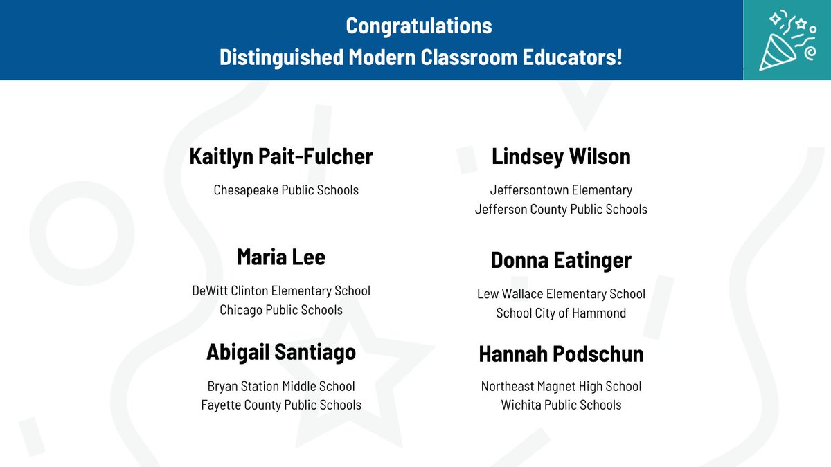 Join us in congratulating these educators in receiving their Distinguished Modern Classroom Educator (DMCE) credential! 

<a href="/ChiPubSchools/">CPS - Chicago Public Schools</a> <a href="/jcpsky/">JCPS</a> <a href="/WichitaUSD259/">Wichita Public Schools</a> <a href="/SCHK12/">School City of Hammond</a> <a href="/FCBOE/">Fayette County Public Schools</a>