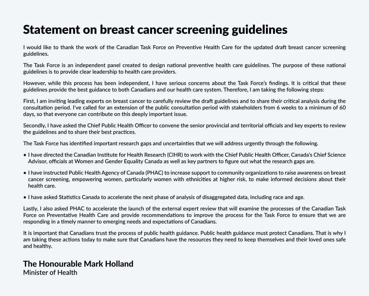 My statement on the Canadian Task Force on Preventive Health Care’s draft breast cancer screening guidelines:
