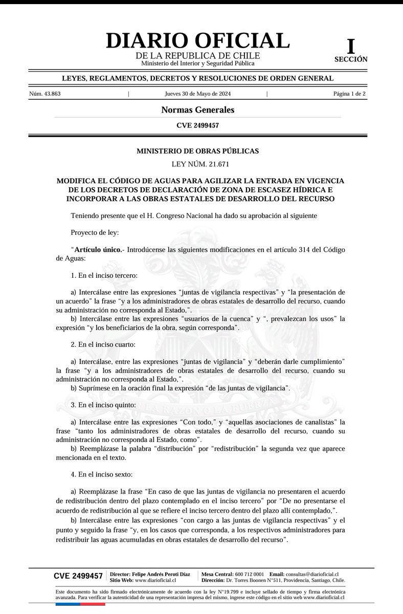 📰Hoy se publica en el Diario Oficial, Ley número 21.671 que modifica el #Código de #Aguas para agilizar la entrada en vigencia de los decretos de declaración de Zona de Escasez Hídrica e incorporar a las obras estatales de desarrollo del recurso.