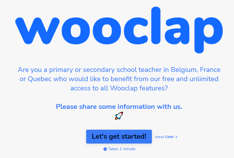 هديتي لكل معلم ومعلمة
يملكون ايميل تعليمي

يمكنك الحصول على النسخة البرو من Wooclap
من خلال مِلْء النموذج التالي
wooclap.typeform.com/to/gRo4RLKT

ـWooclap لمن لايعرفها
منصة تفاعلية
تحول بوربوينت الى تفاعلي بطريقتين
وايضا بطريقتين في مايكروسوفت تيمز
او حتى مباشرة من الموقع

#تعليم_الاحساء