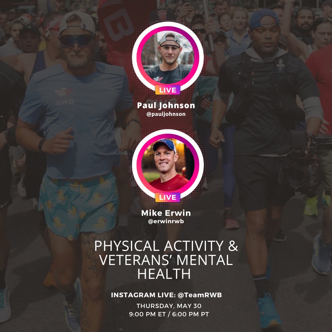 TeamRWB's tweet photo. Tonight at 9PM EST/6PM PST, Mike Erwin, Team RWB's Founder and Executive Director, and Paul Johnson, a Naval Officer who just completed a transcontinental run to support our community, will discuss how physical activity supports their mental health. https://t.co/cLwasVLsnl