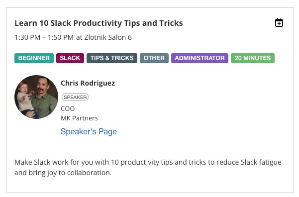 Day 1 at #txd24 - Let's connect and learn something new.

Swing by Zlotnik Salon 6 to learn some productivity tips and tricks with Slack - ETA 30 minutes.