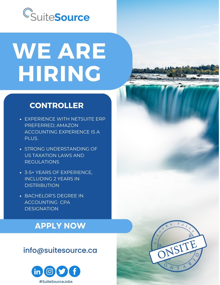 Our client in #NiagaraFalls is looking for a #Controller to join their team in this #OnSite opportunity. #CPA, #NetSuite and US Tax knowledge are a must. Apply in our career portal: ow.ly/LqZO50RWBWe #SuiteSourceJobs #Hiring #Apply #Applynow #Opportunity