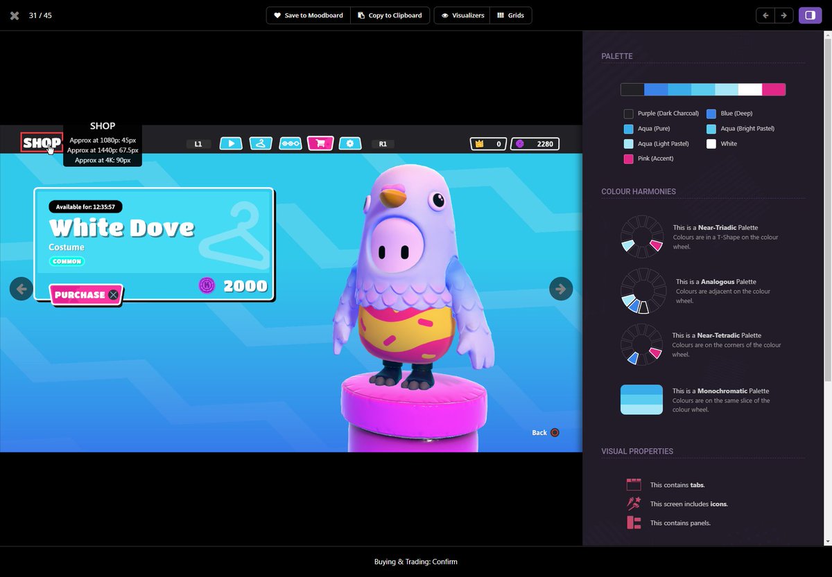 EddCoates's tweet image. One of my proudest achievements in the upcoming Game UI Database 2.0: the image inspector!
Toggle this sidebar on any image to get a complete readout of its colour palette, harmonies, styles, screen patterns, and HUD elements. You can even hover over words to get font sizes!