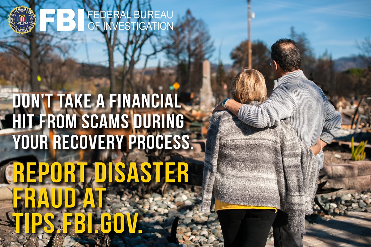 Do you know how to report disaster fraud to the #FBI? Call 1-800-CALL-FBI or submit a report electronically at tips.fbi.gov. Help us in our mission to protect the American people and uphold the Constitution.