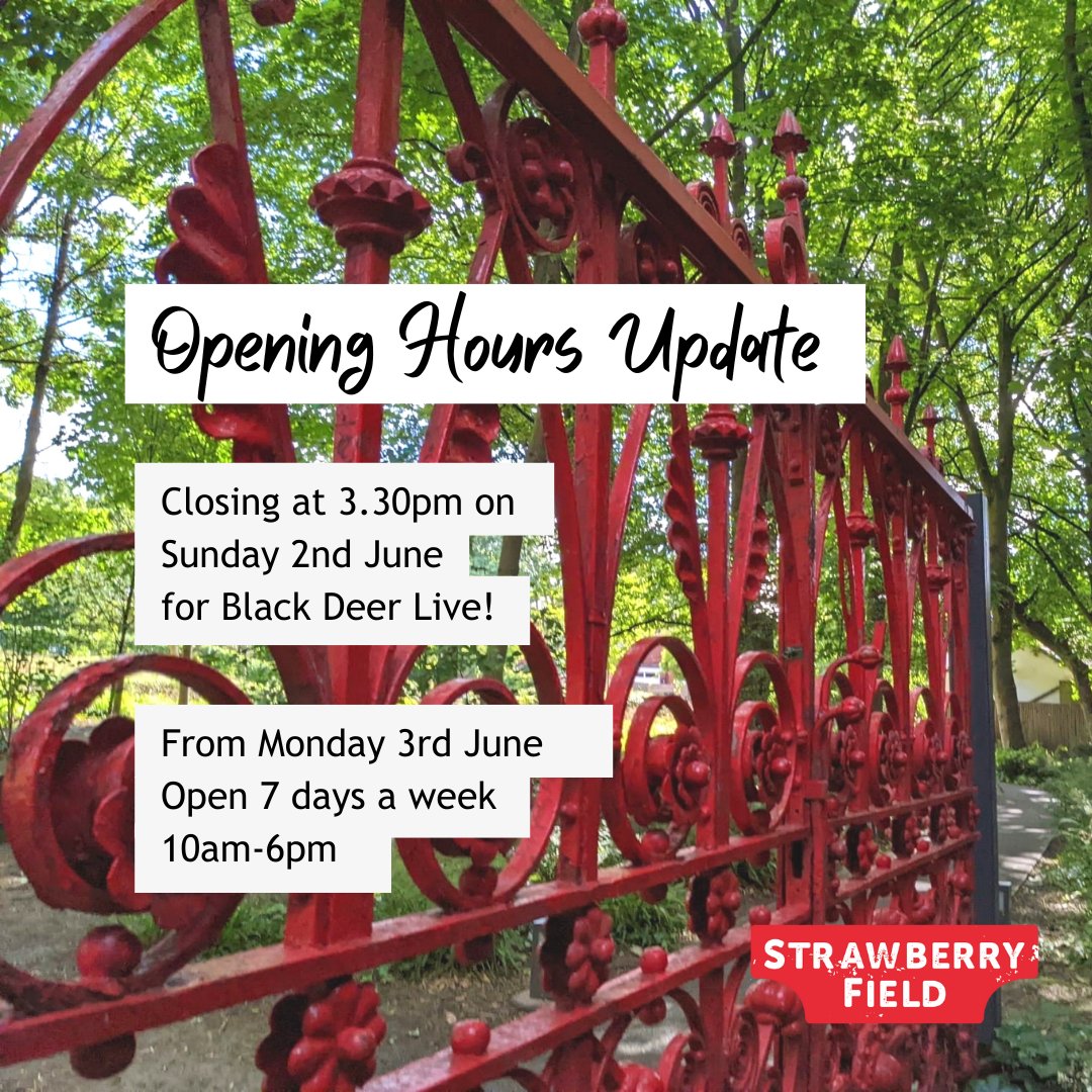 This Sunday 2nd June we'll be closing slightly early at 3.30pm for @BlackDeerLive performance

From Monday 3rd June we will be open to visitors 10am- 6pm, 7 days a week for summer opening hours, you can spend longer in our gardens!

Plan your visit here: strawberryfieldliverpool.com/plan-your-visit