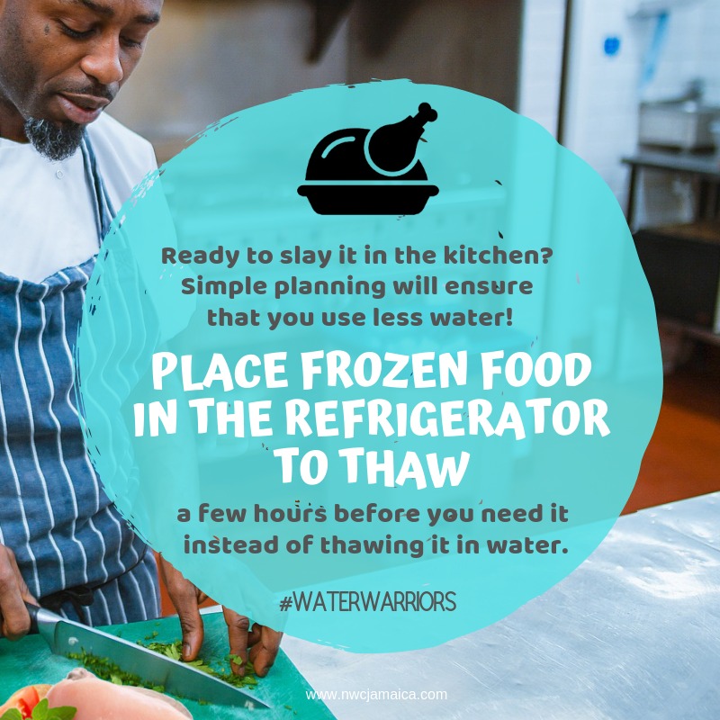 Ready to slay it in the kitchen? Simple planning will ensure that you use less water! Place frozen food in the refrigerator to thaw a few hours before you need it instead of thawing it in water. #WaterWarrior #EveryDropCounts #Wasteless #Savemore