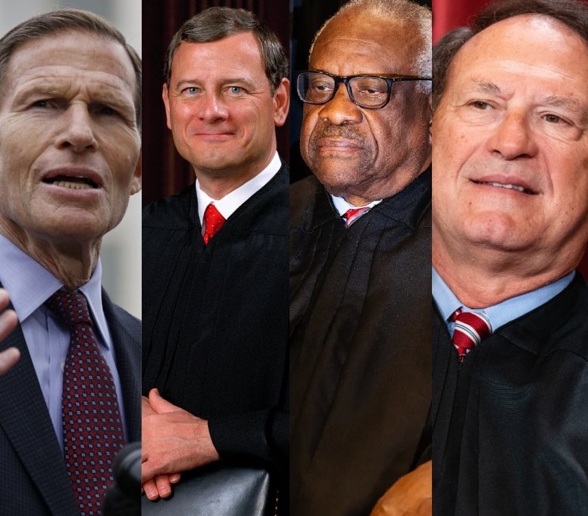 BREAKING: Senator Richard Blumenthal calls on Chief Justice John Roberts to use his power to force corrupt MAGA Justices Samuel Alito and Clarence Thomas to recuse themselves from Trump cases. And it gets even better... 'Your position gives you substantial moral and persuasive